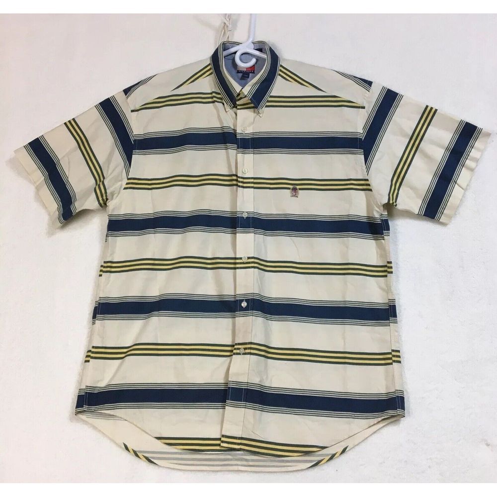 Vintage Tommy Hilfiger Shirt Mens L Button Down Striped Short Sleeve Retro Y2K
